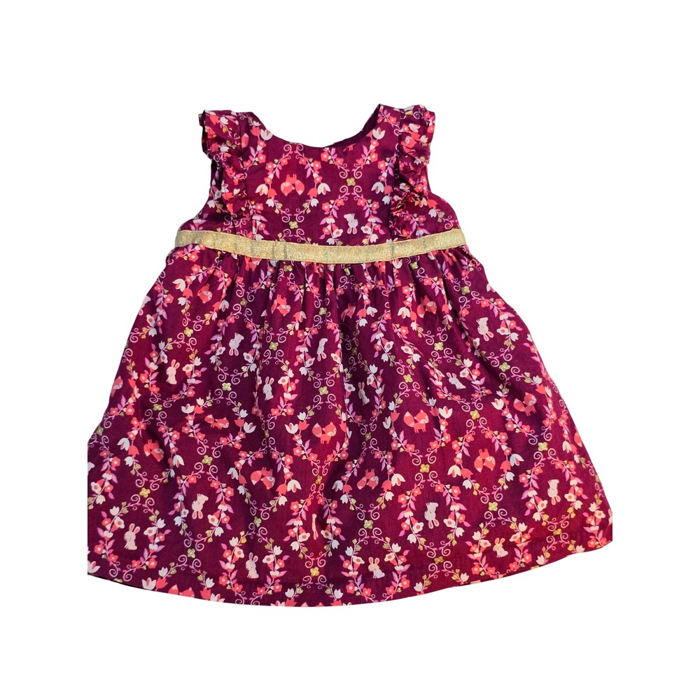 Gymboree Girls Berry Purple Woodland Fox Bunny Floral Gold Bow Dress 12-18M